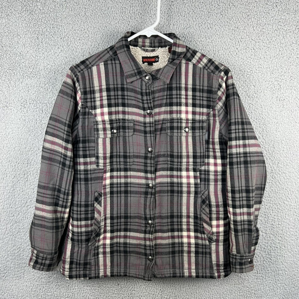 Wolverine Womens M Sherpa Lined Flannel‎ Shirt Jacket Shacket Snap Up Grey Plaid